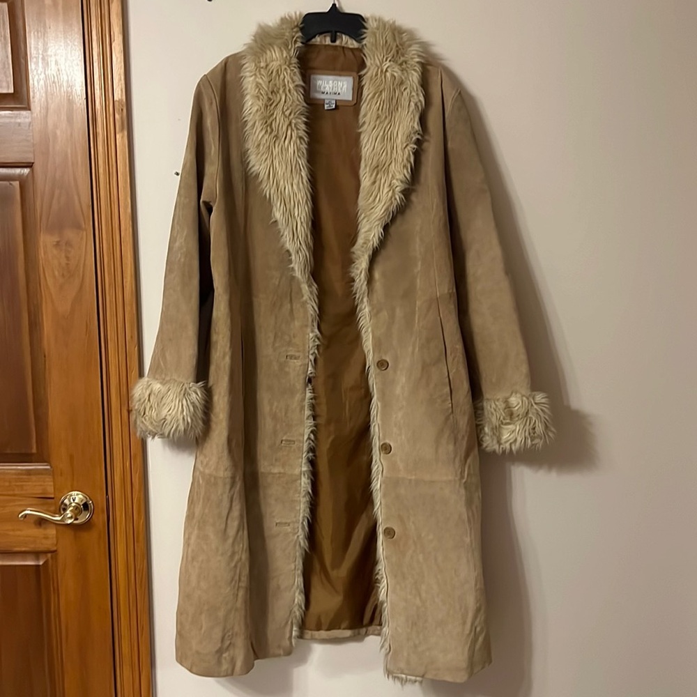 Wilsons Leather Tan Suede Faux-Fur Trim Long Coat